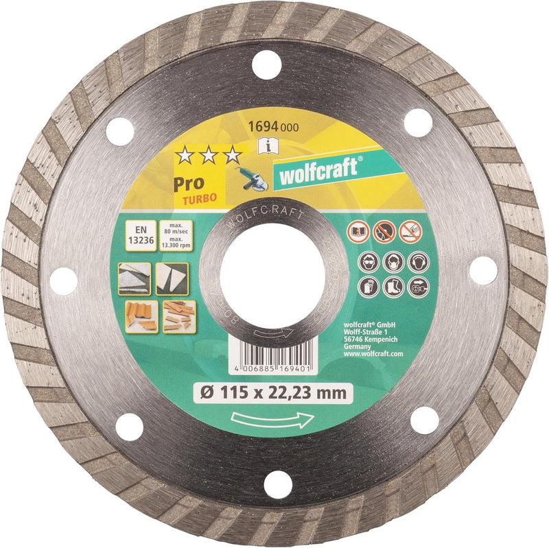Wolfcraft - disco de corte de diamante 115 mm - disco de corte de diamante pro turbo para amoladoras angulares - 1694000
