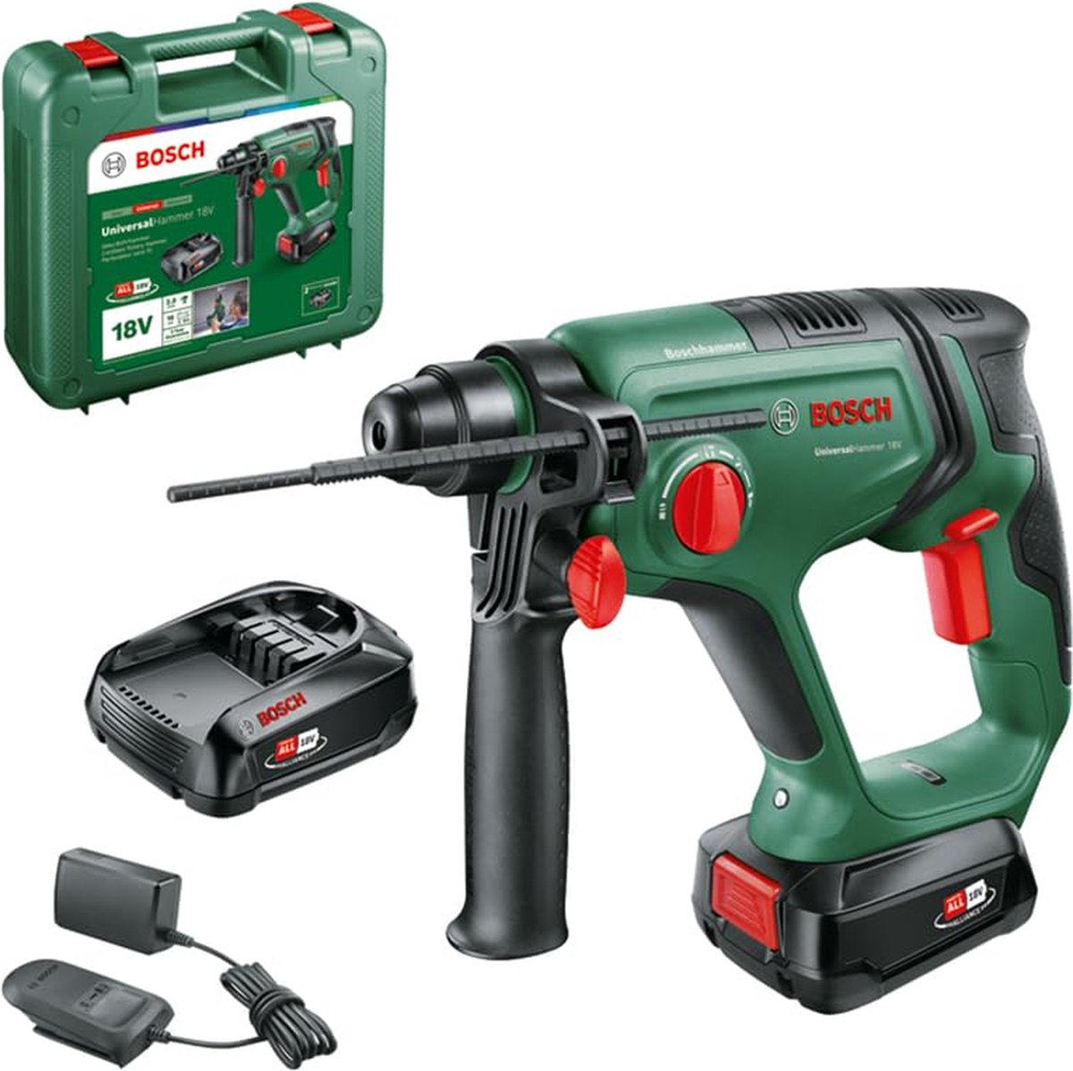 Trapano a percussione a batteria Bosch universalhammer 18 V - 2,0 j - con 2 batterie da 18 V (2,5 Ah) e caricabatterie - in valigetta