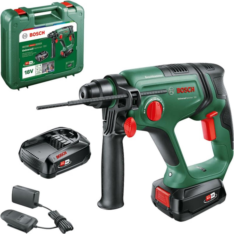 Trapano a percussione a batteria Bosch universalhammer 18 V - 2,0 j - con 2 batterie da 18 V (2,5 Ah) e caricabatterie - in valigetta