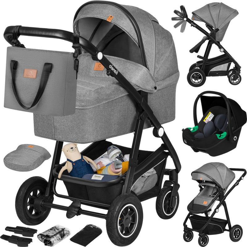 Passeggino Lionelo Bianca 3 in 1 - navicella + passeggino + seggiolino auto - pneumatici grandi, sospensione completa - pieghevole - barra di spinta regolabile - sedile reversibile per passeggino - 0-22 kg - set accessori - grigio