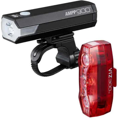 Set illuminazione Cateye ampp900 + viz300 - illuminazione per bicicletta - lumen: 900 300 - diametro manubrio: 22-35 mm - ricaricabile tramite USB - nero rosso