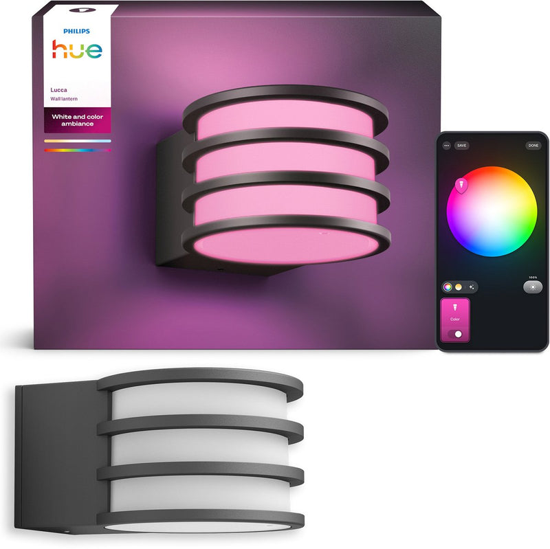 Lampada da parete Philips Hue Lucca - illuminazione da giardino - grigio antracite - IP44 resistente alle intemperie e al vento - luce bianca e colorata - illuminazione smart - 1100 lumen - compatibile con materia
