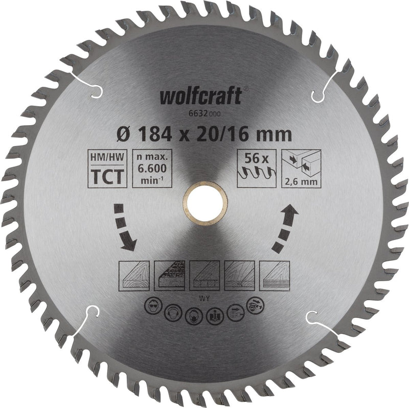 Wolfcraft - hoja de sierra circular 184 mm - 56 dientes - 20 orificios de 16 mm - para sierra circular - 6632000