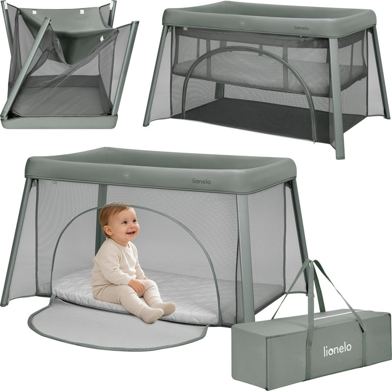 Lionelo Mila – Cuna de viaje 2 en 1 – ligera – 2 posiciones de altura – Colchón T25 de 4 cm – Ventilación de malla de 360° – Plegado rápido y compacto – Entrada lateral con cremallera – Incluye bolsa de transporte – Funda lavable extraíble
