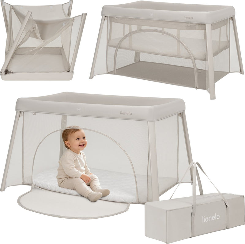 Lionelo Mila – Cuna de viaje 2 en 1 – ligera – 2 posiciones de altura – Colchón T25 de 4 cm – Ventilación de malla de 360° – Plegado rápido y compacto – Entrada lateral con cremallera – Incluye bolsa de transporte – Funda lavable extraíble