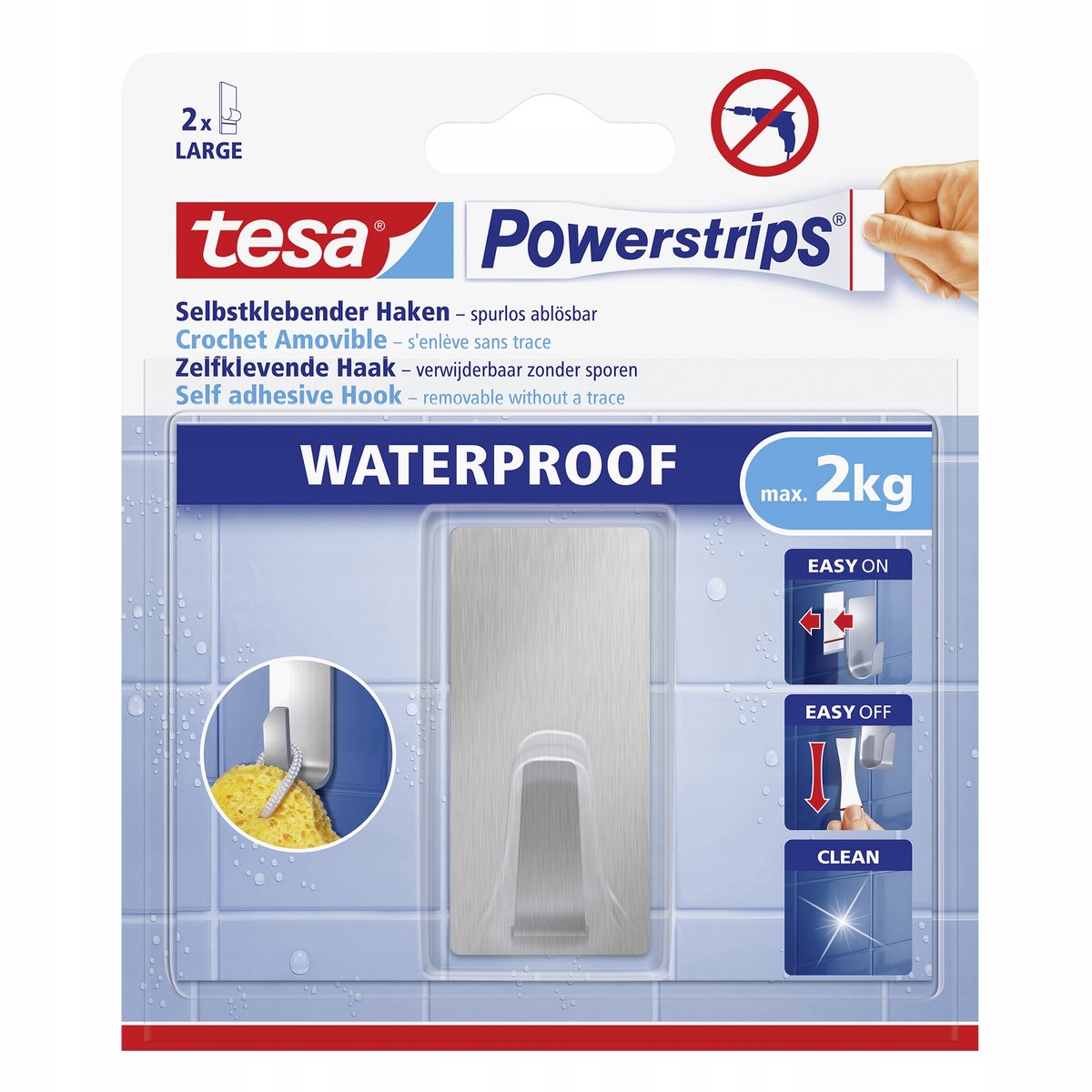 Tesa 1059024 - Regleta impermeable con gancho de acero inoxidable rectangular grande | 6 piezas