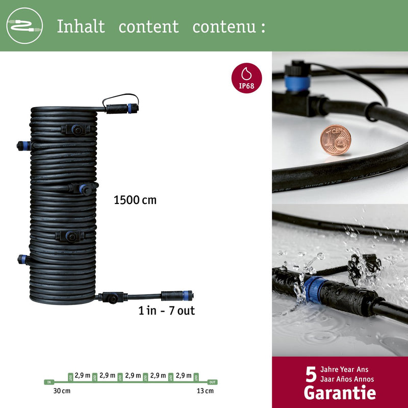 Cable enchufe paulmann brillo 15m 7 salidas ip68 negro