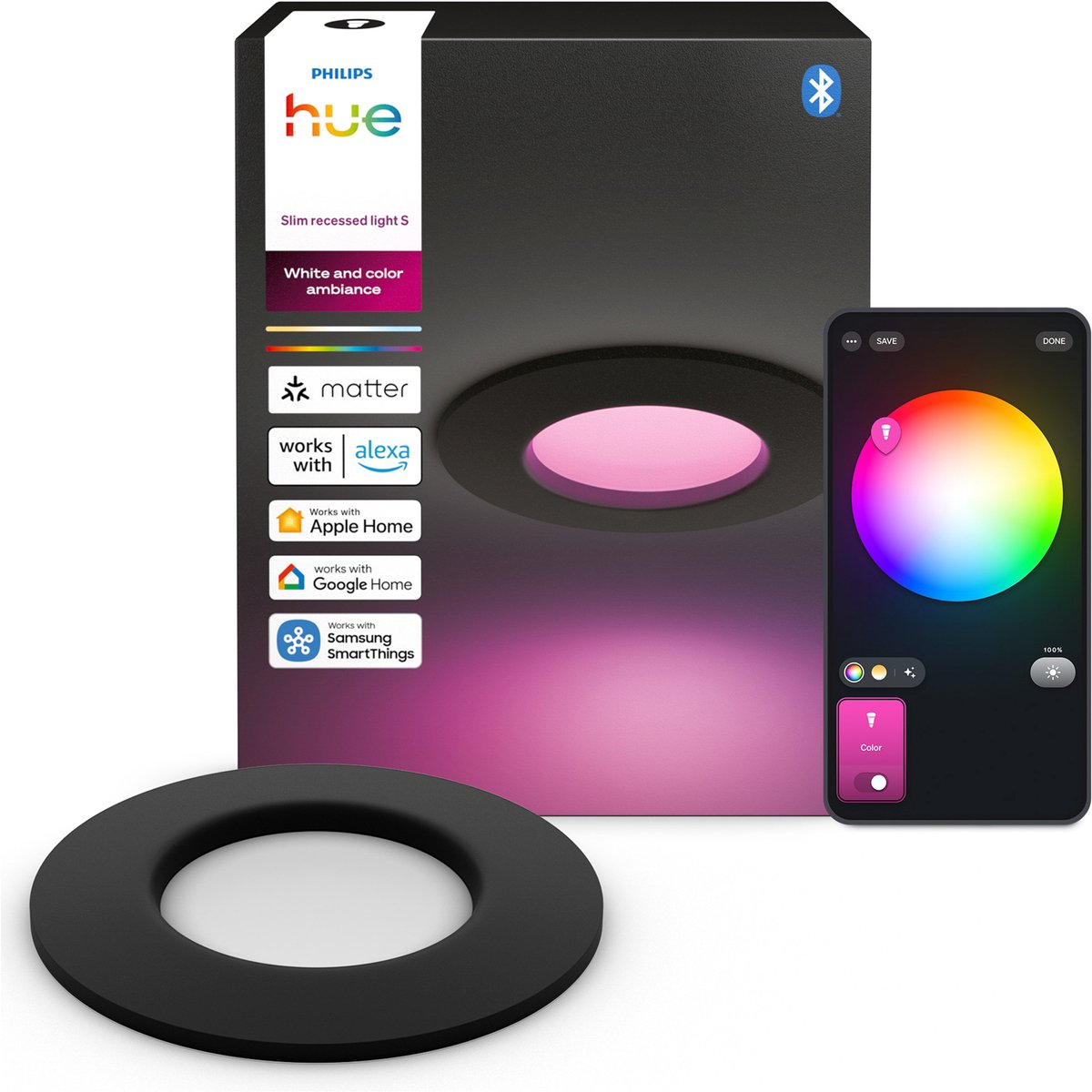Faretto da incasso LED sottile Philips Hue - illuminazione bagno - attacco Gu10 - contiene 1 faretto da incasso - luce bianca e colorata orientabile - nero - IP44: antispruzzo - ø: 90mm - illuminazione intelligente