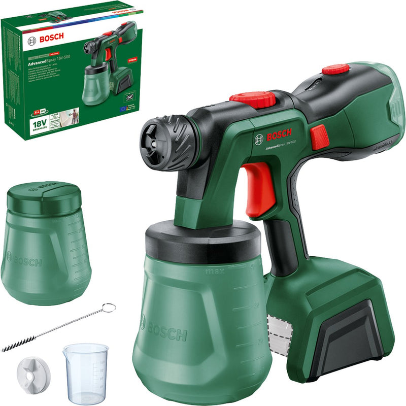 Bosch advancedspray 18v-500 - pulverizador de pintura - incluye cepillo de limpieza - vaso medidor - recipiente de pintura con tapa - boquilla de pulverización fina - sin batería ni cargador