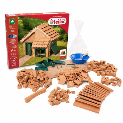 Teifoc ® construction kit – house with roof tiles – 200 parts – real mini bricks with cement, bowl and trowel – building kit for children from 6 years