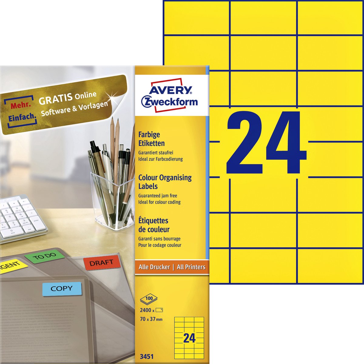 Etichette colorate Avery, gialle, 70,0 x 37,0 mm, adesive permanenti