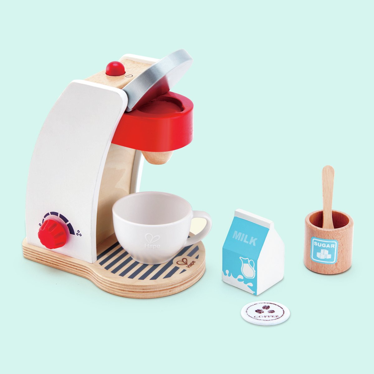 Hape la mia macchina da caffè - set da cucina giocattolo in legno per bambini dai 2 anni, 6 pezzi
