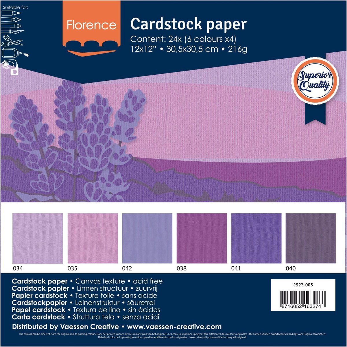 Vaessen creative cardstock - paars - 30,5 x 30,5 cm - 24 vellen - textuur - 216 g