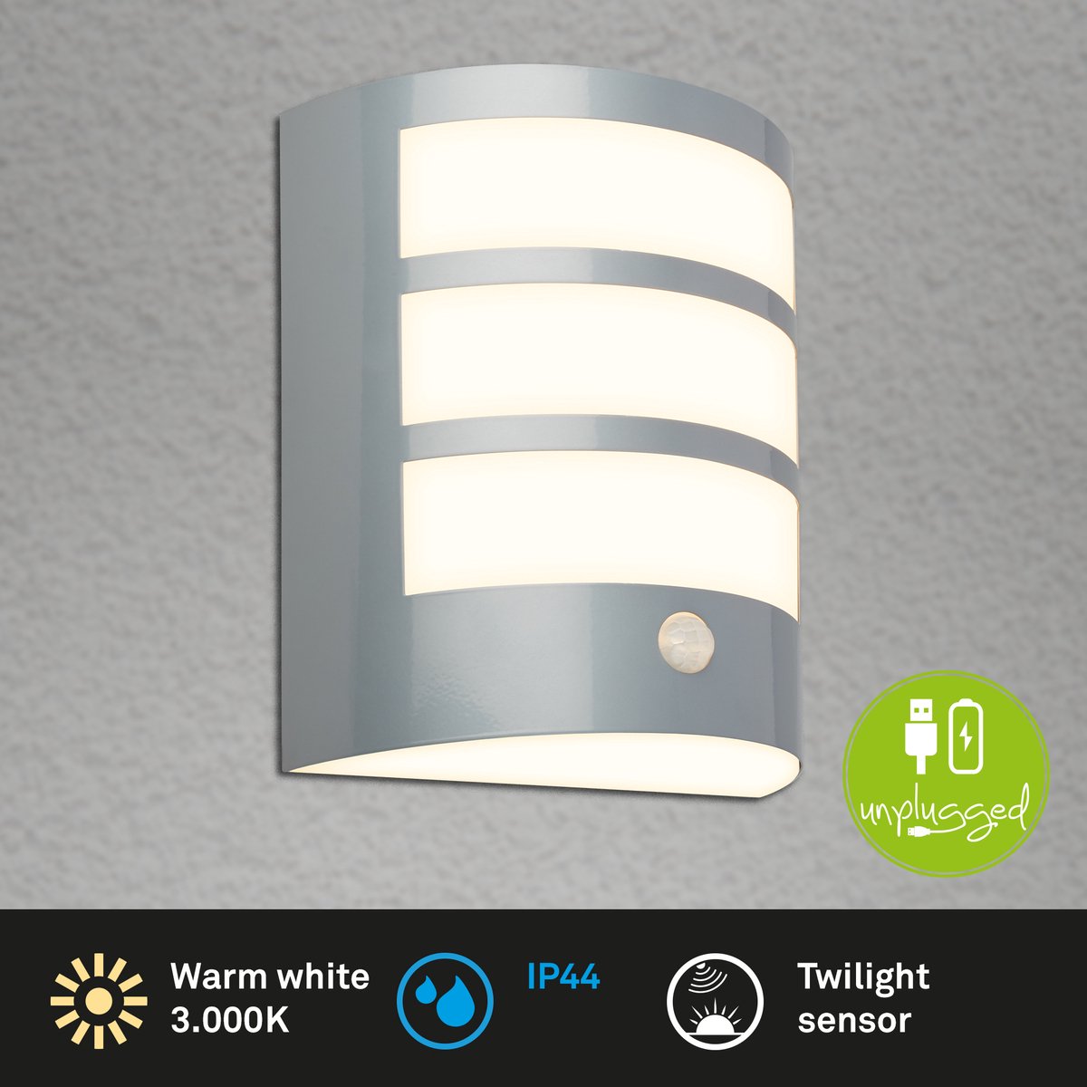 Briloner - wandlamp oplaadbaar - buitenlamp met bewegingssensor - chroom - 18 x 15 x 7 cm