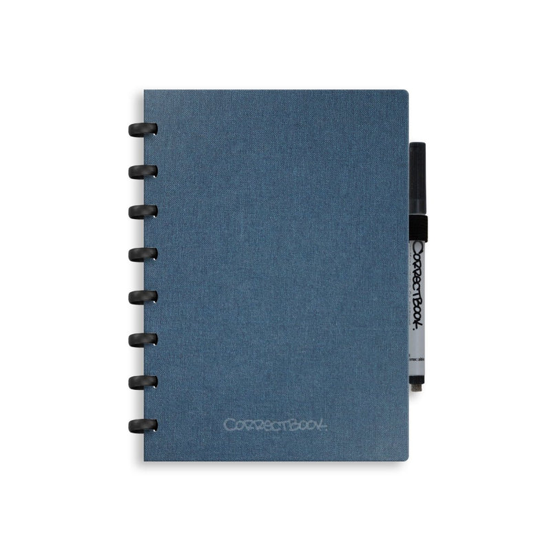 Correctbook a5 uitwisbaar notitieboek – linnen hardcover – herbruikbaar schrift – steel blue – blanco – inclusief pen wisdoekje – aanvulbaar met extra pagina’s