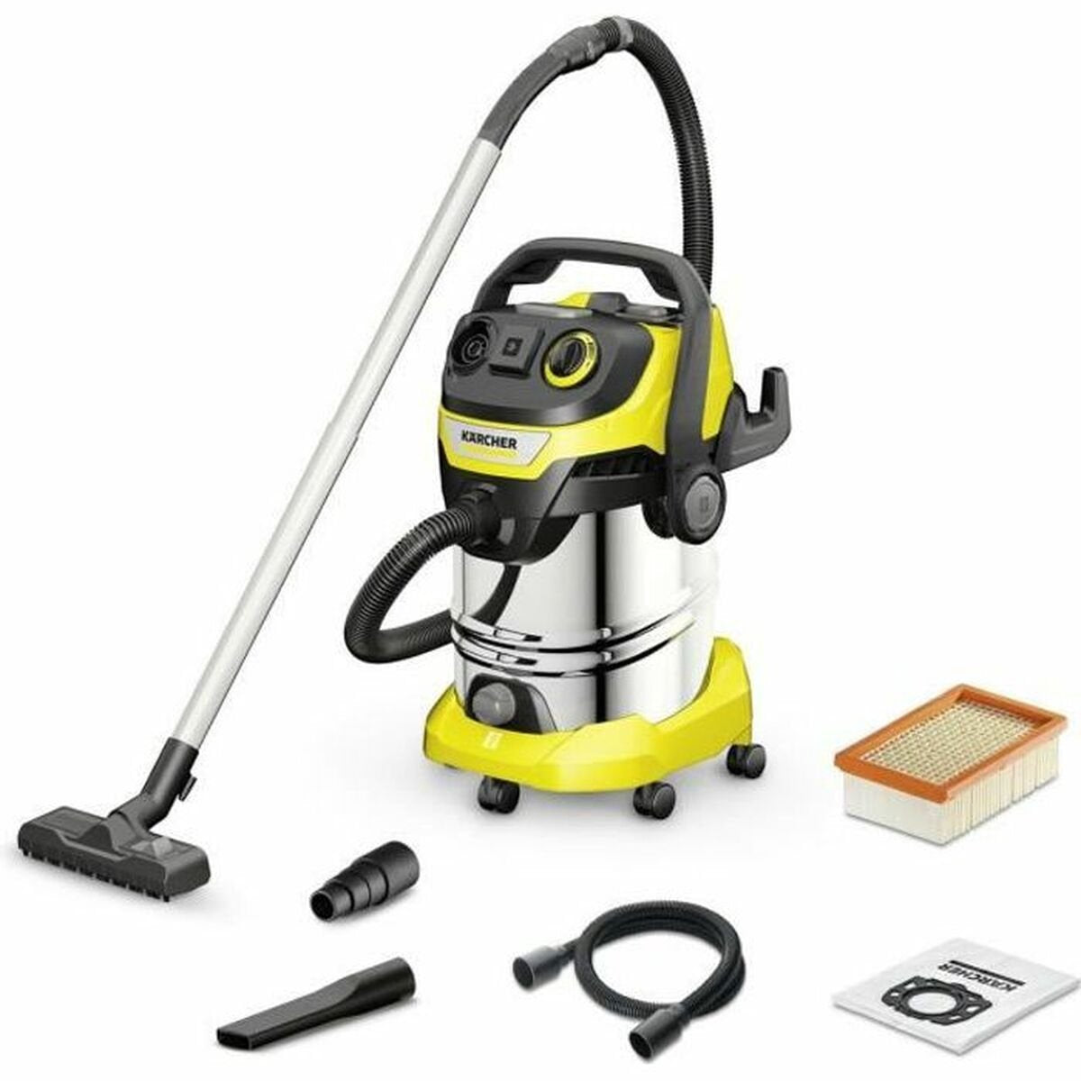 Aspiraliquidi Kärcher wd 6 p s v-30 6 22 t (ysy) - 1300 w - 30 litri - presa integrata - tubi aspirazione acciaio inox - contenitore acciaio inox - vite di scarico - filtro piatto