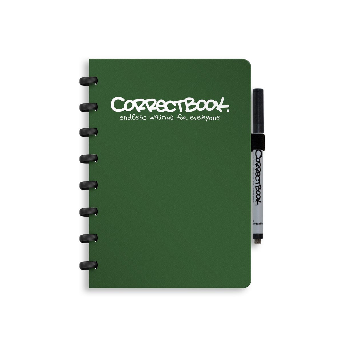 Cuaderno borrable Correctbook a5 – verde bosque – en blanco – cuaderno reutilizable – incluye toallita para bolígrafo – se puede complementar con páginas adicionales