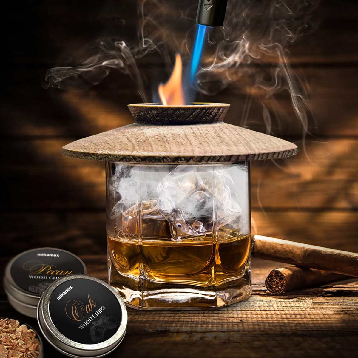 Mikamax whisky smoker – rookapparaat - complete set – 4-delig – incl. 4 aroma’s, aansteker, schoonmaakborstel en gaas