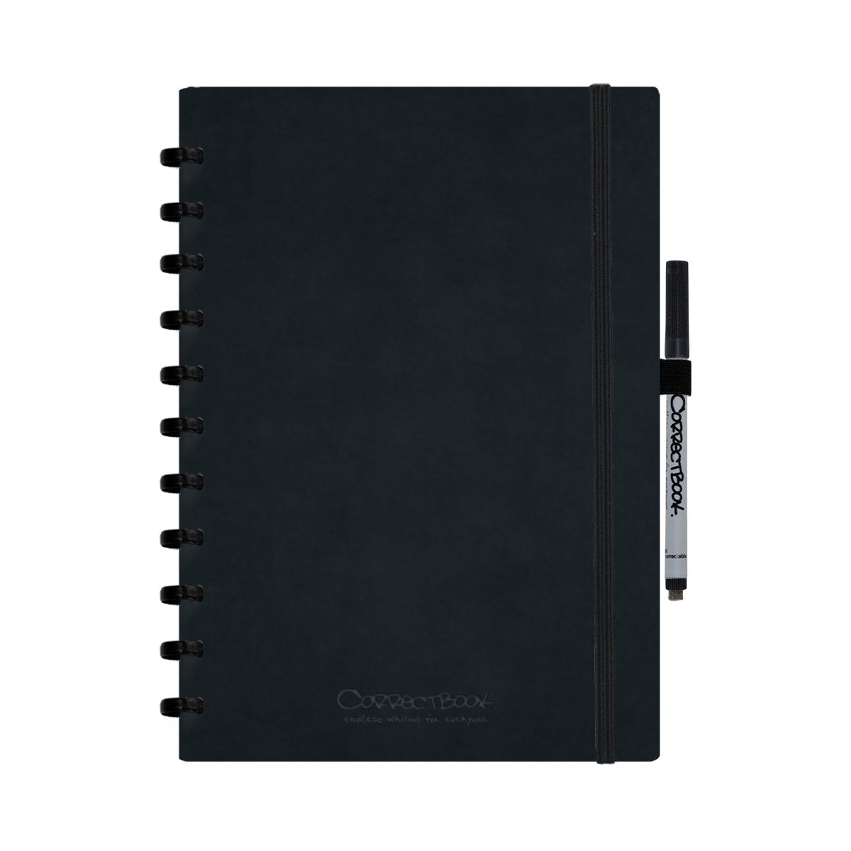 Cuaderno borrable Correctbook A4 - Tapa dura de cuero artificial negro tinta - En blanco - Cuaderno reutilizable - Incluye toallita para bolígrafo - Complementable con páginas adicionales
