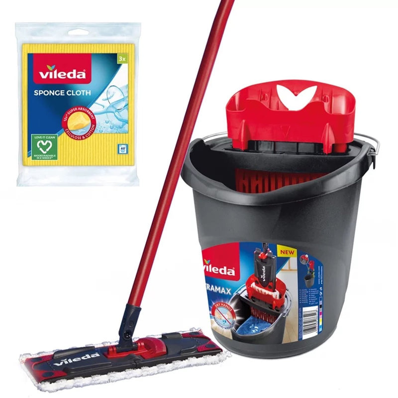 Vileda - lavapavimenti - mop - set mop piatto con secchio e 3 panni - scatola ultramax - sistema di drenaggio touch-free, due tipi di fibre, 177453
