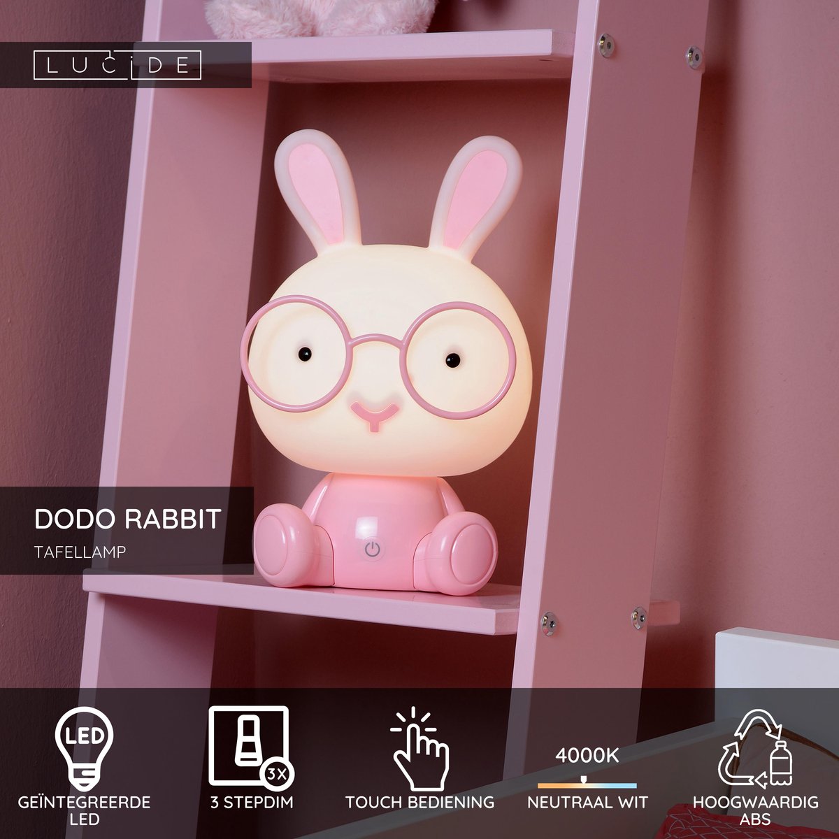 Lucide dodo conejo - lámpara de mesa habitación infantil - led 3 stepdim - 1x3w 4000k - rosa