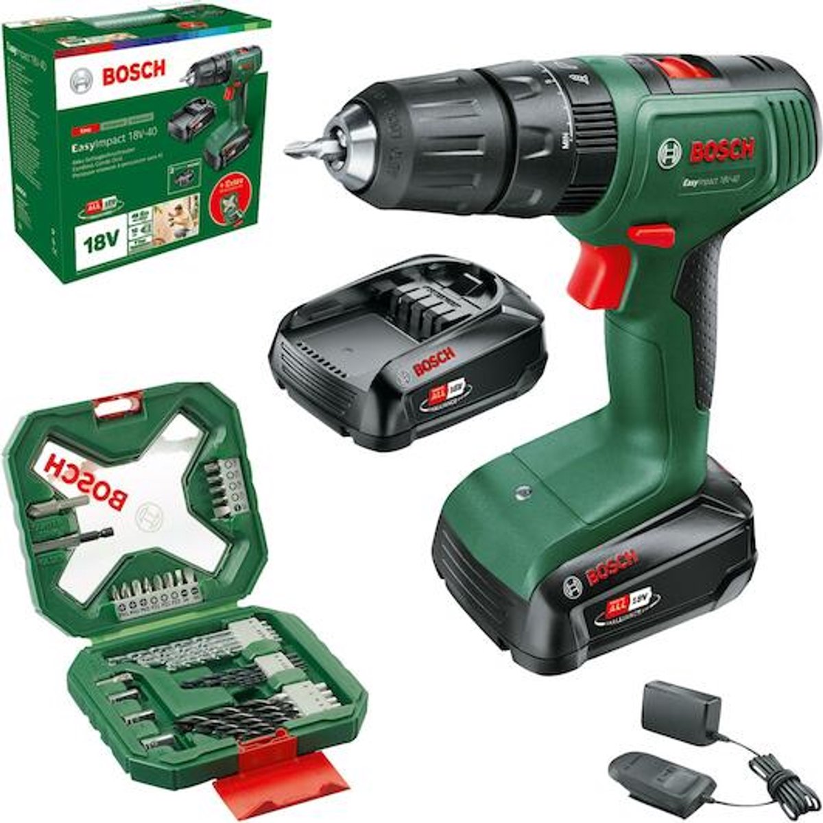 Bosch easyimpact 18v-40 accu klopboorschroefmachine 18v li-ion + 2 accu's + lader + 34 accessoires