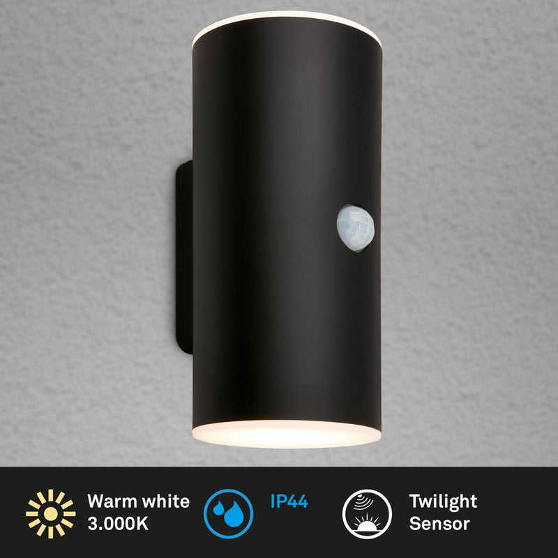 Briloner - lámpara exterior - lima - detector de movimiento - sensor crepuscular - batería recargable - carga vía USB - protección contra salpicaduras de agua - 15,5 x 7 x 8,5 cm - negro