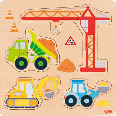 Puzzle de inserción Goki - vehículos de construcción - 12 piezas - madera - 2 años