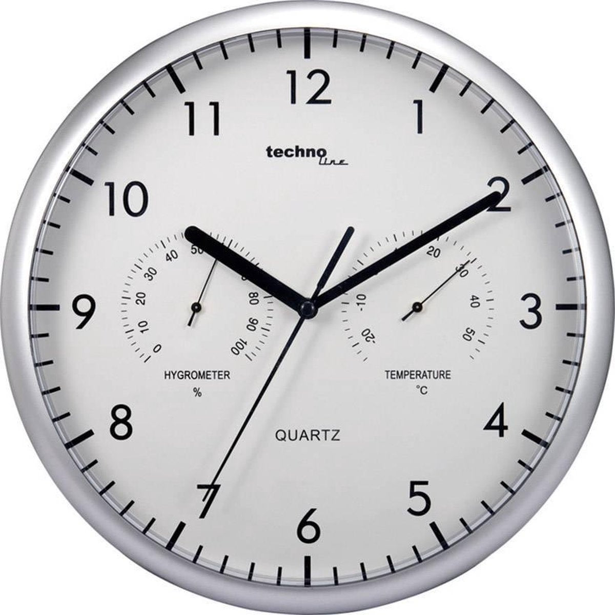 Technoline wt650 - reloj de pared - analógico - cuarzo - redondo - plástico - temperatura interior - humedad interior - color plateado