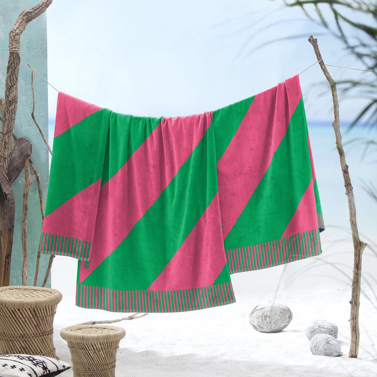 Telo mare a righe colorblock cavalluccio marino - 100x180 cm - rosa
