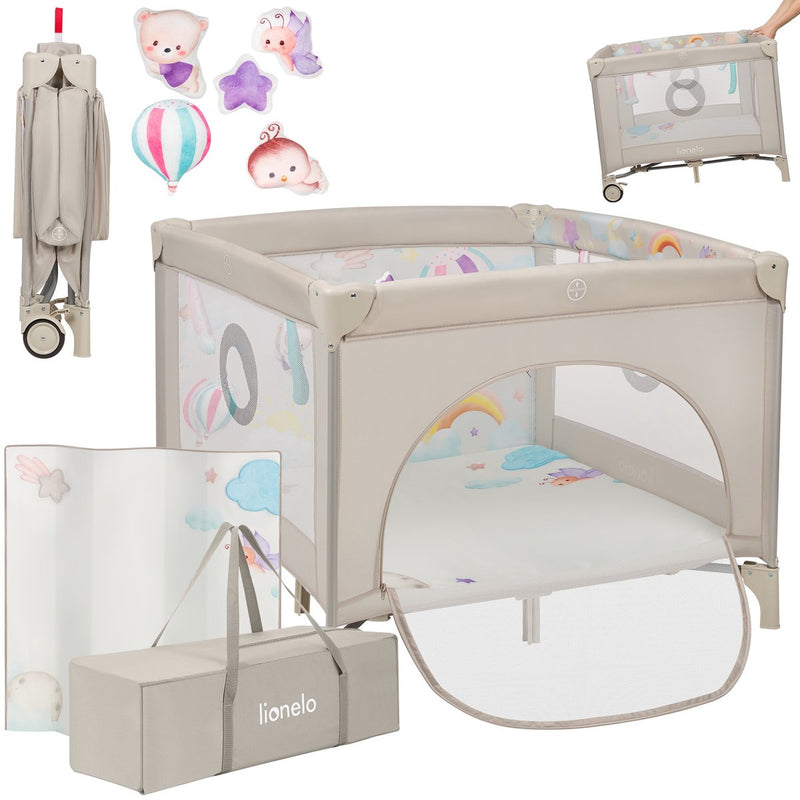 Box Lionelo mille plus 0-36 mesi – box per bebè con materasso in schiuma T25, giocattoli educativi, maniglie per imparare a stare in piedi, giostrina pieghevole, porta laterale con cerniera – box da gioco per la casa e il viaggio