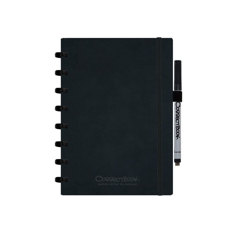 Correctbook A5 cuaderno borrable – tapa dura de cuero artificial negro tinta – rayado – cuaderno reutilizable – incluye toallita para bolígrafo – se puede complementar con páginas adicionales