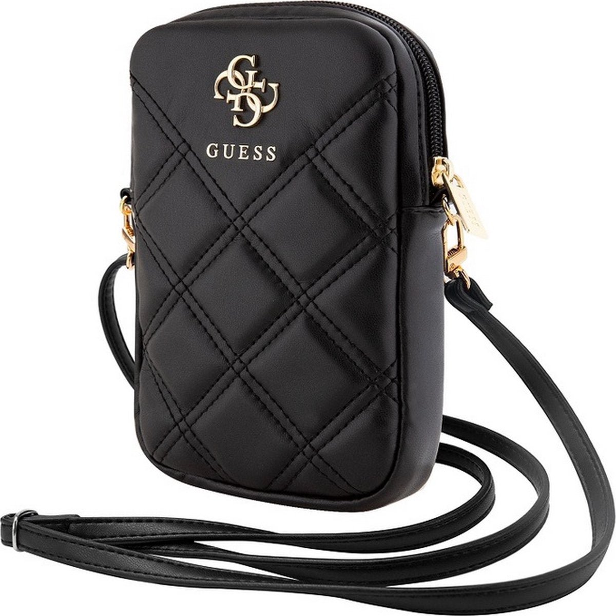Custodia Guess trapuntata con logo in metallo da 4 g e tracolla (7 pollici) - nera