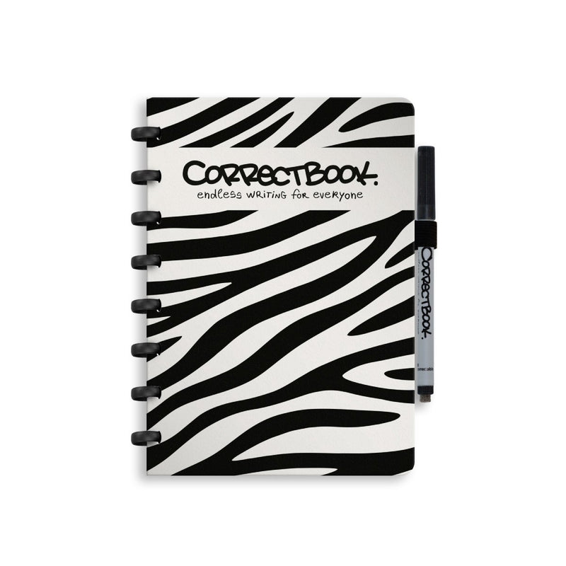 Cuaderno borrable Correctbook a5 - buena cebra - en blanco - cuaderno reutilizable - incluye toallita para bolígrafo - se puede complementar con páginas adicionales