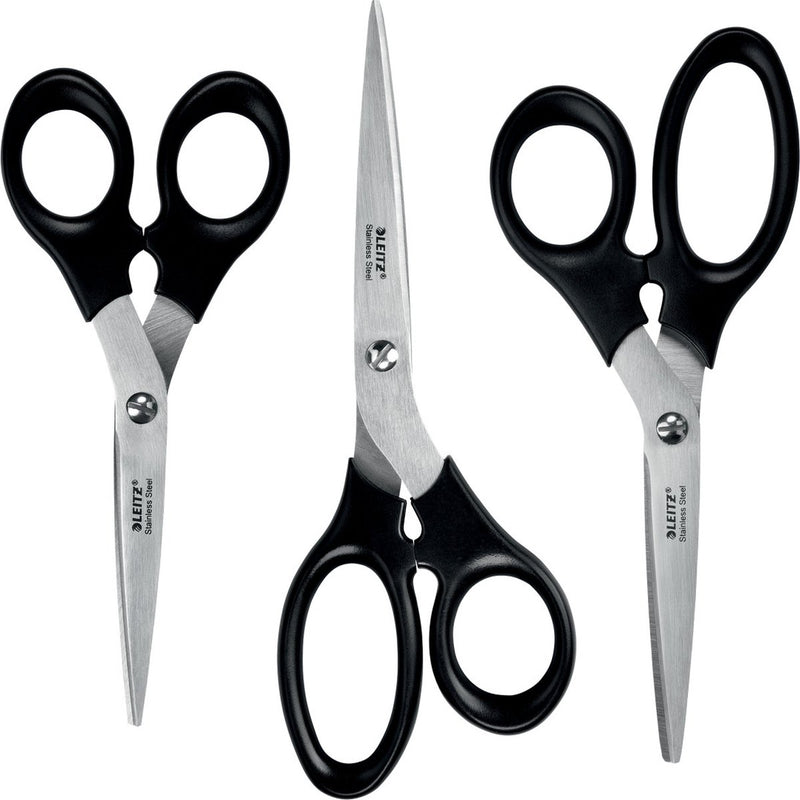 Juego de tijeras de acero inoxidable Leitz - 165 185 200 mm - con mango ergonómico - negro