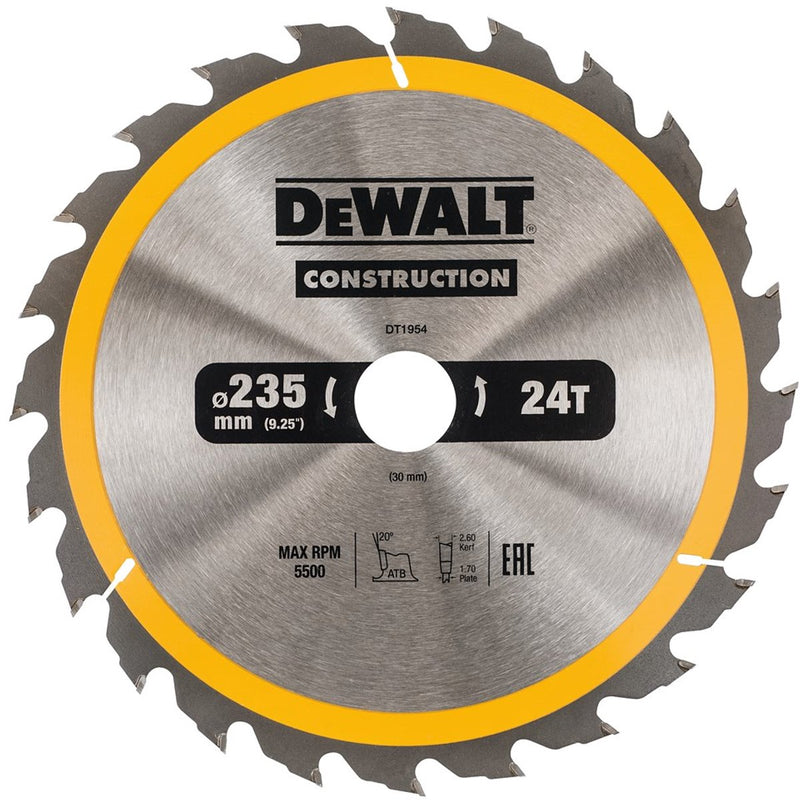 Hoja de sierra circular Dewalt para madera | construcción | ø 235mm agujero eje 30mm 24t - dt1954-qz