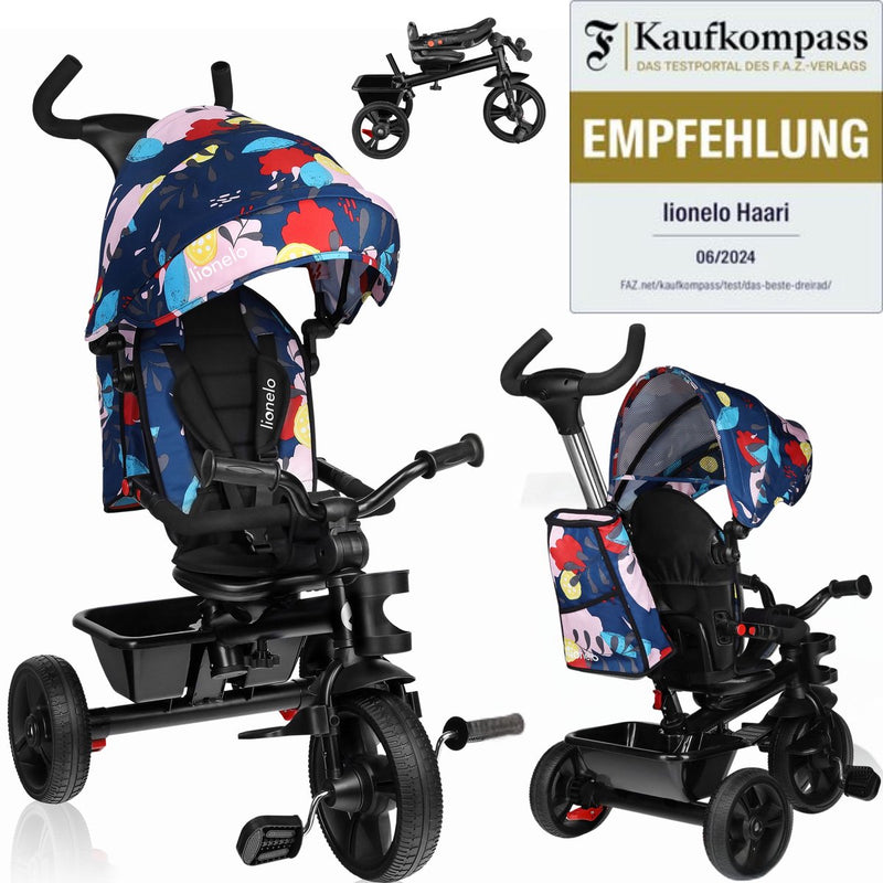 Lionelo haari - triciclo - portabibite - 2in1 - sedile girevole - ruote in gomma esenti da manutenzione - ruota libera - barra scorrevole per genitori - tendalino - cestino e borsa - portabicchieri - cresce con te - da 18 mesi a 25 kg