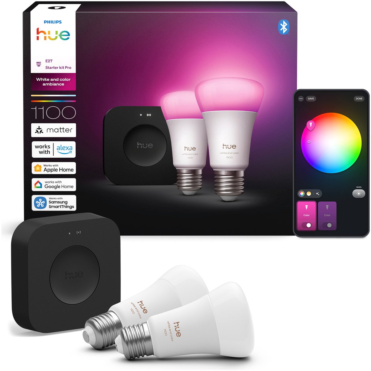 Philips hue starter kit - luce bianca e colorata - 1 bridge pro - confezione da 2 e27 1100 lumen