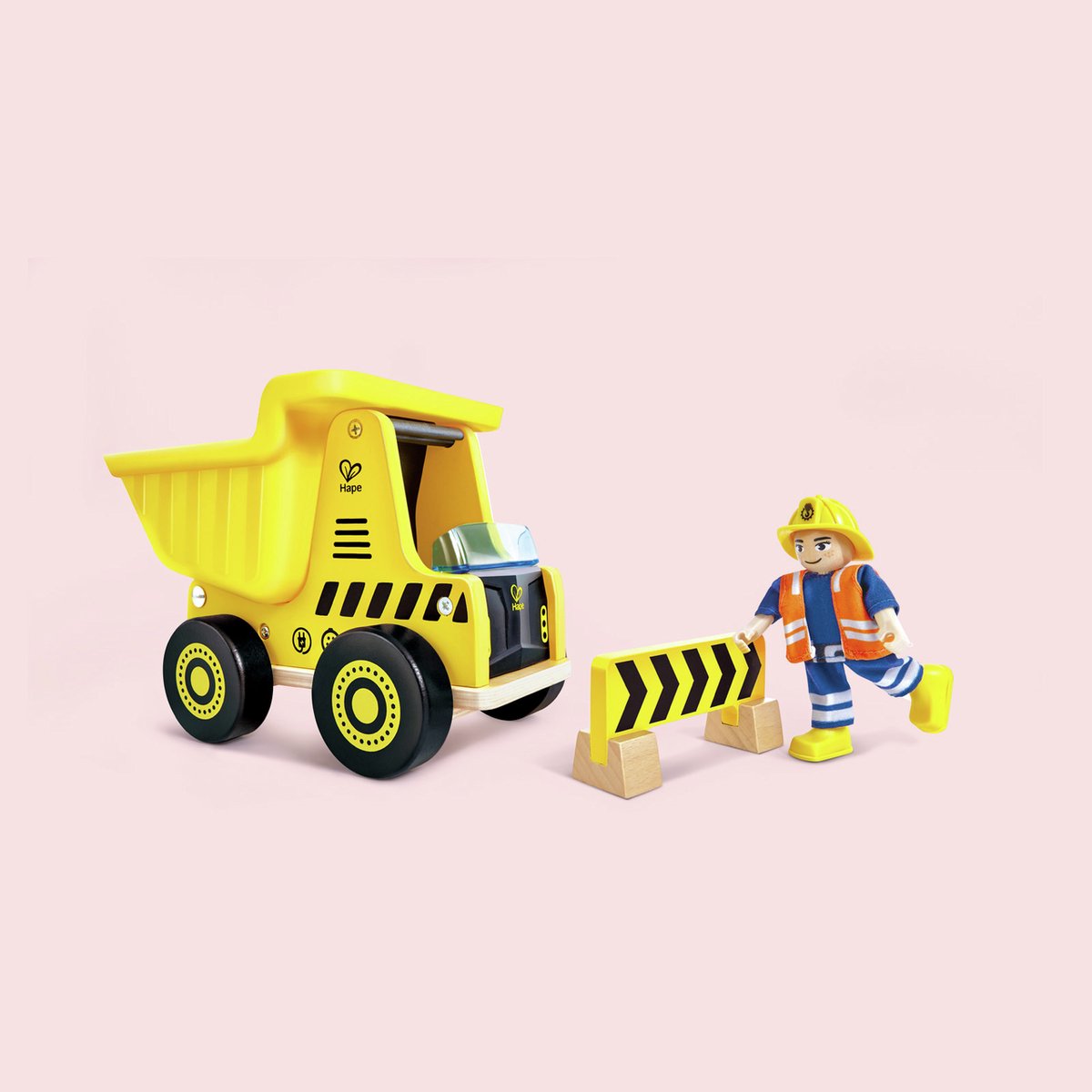 Hape kipwagen vrachtwagen met houten figuur en wegafsluiting - speelgoed bouwvoertuig vanaf 2 jaar