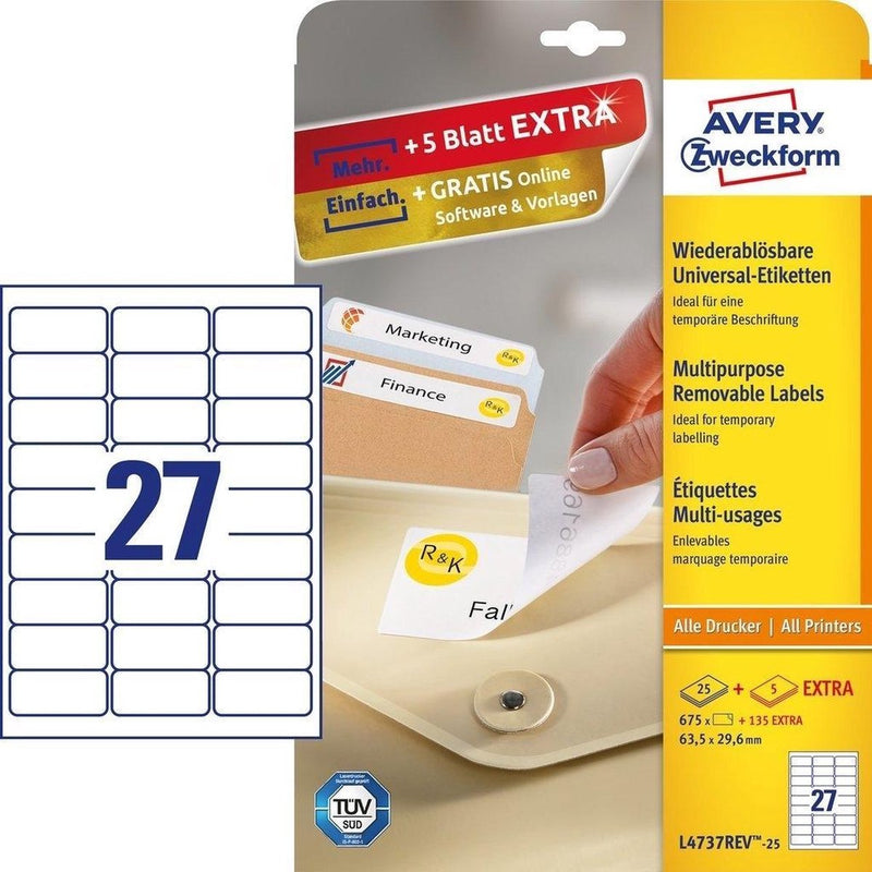 Etichetta Avery l4737rev-25 63,5x29,6mm removibile bianco 675 pezzi