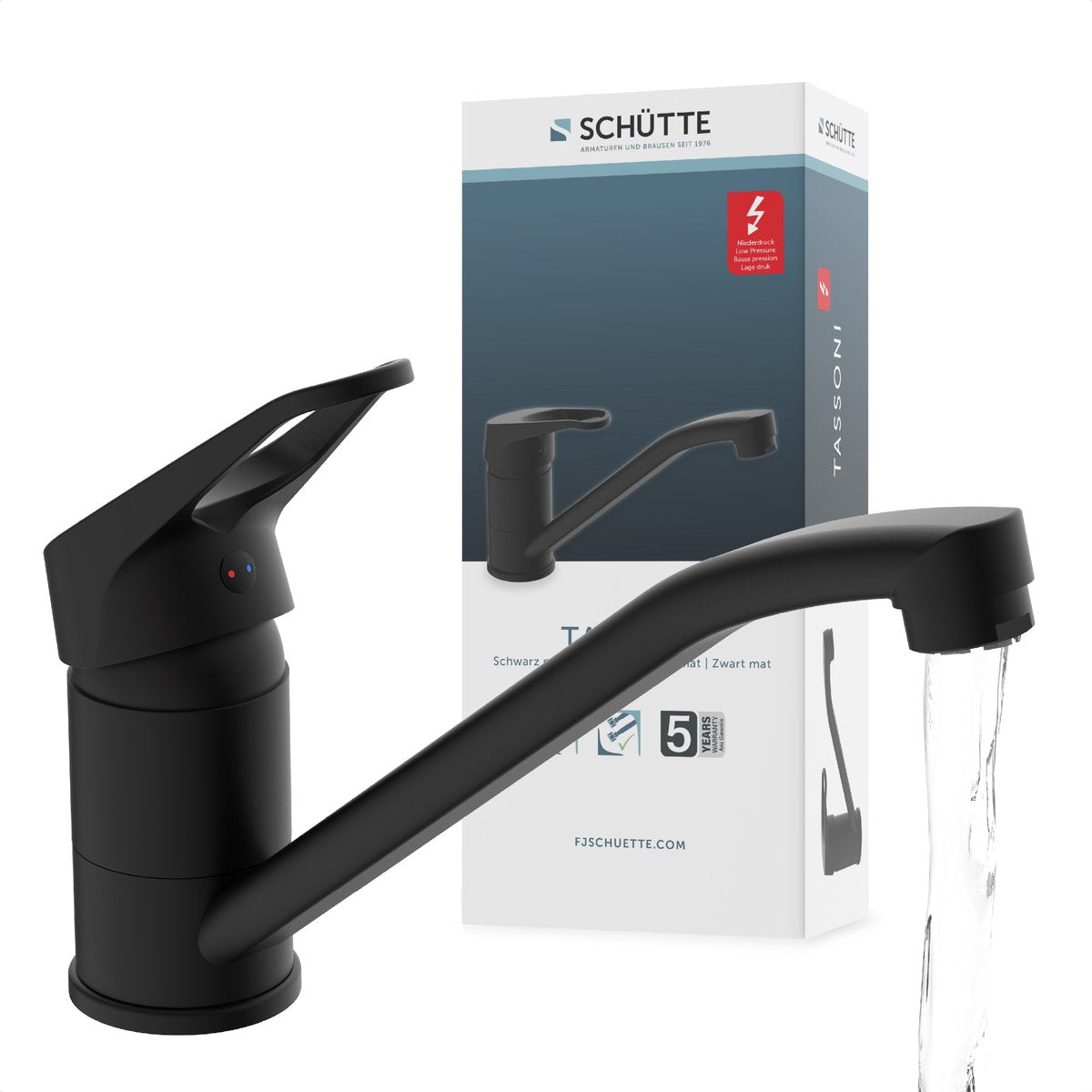 Rubinetto cucina Schütte tassoni per scaldabagno - con bocca libera - miscelatore - bassa pressione - bocca bassa girevole - nero opaco