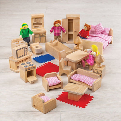 Famiglia bambola di legno Bigjigs con mobili, 26dlg.