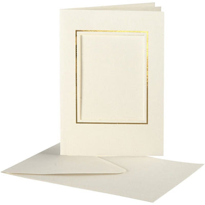 Tarjetas passepartout de Creativ Company, rectángulo con borde dorado, tamaño tarjeta 10,5x15 cm, tamaño sobre 11,5x16,5 cm, blanquecino, 10 juegos 1 caja