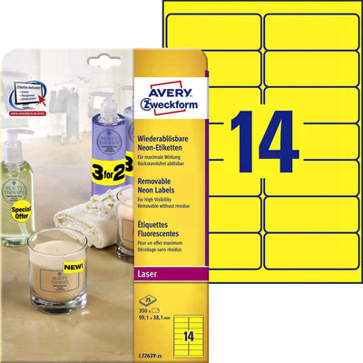 Etichette Avery neon, giallo neon, 99,1 x 38,1 mm, rimovibili