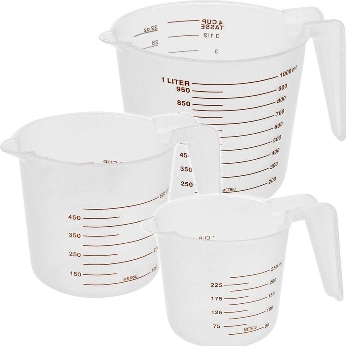 Alpina transparante kunststof maatbekers set - 250 ml, 500 ml, 1 liter - 3-delig