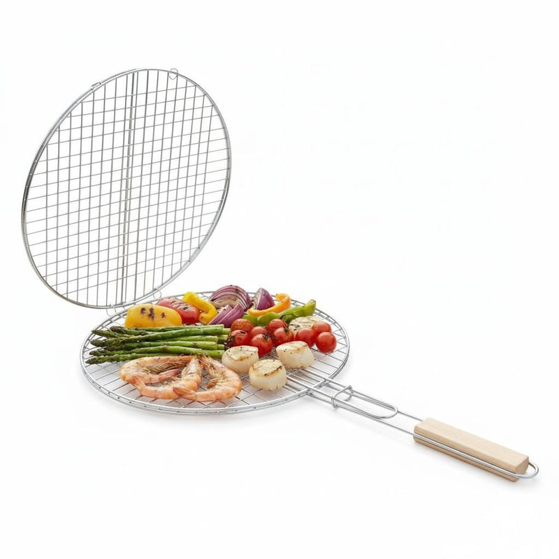 Cesta para barbacoa Alpina - accesorio de barbacoa de metal con mango de madera - cesta para parrilla para verduras, pescado, carne - rejilla giratoria de malla fina - fácil de limpiar