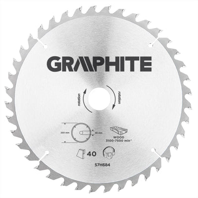 Graphite circelzaagblad voor hout 250mm, asgat 30mm, tanden 40, dikte 3,2, vulringen 16 20 25, tct