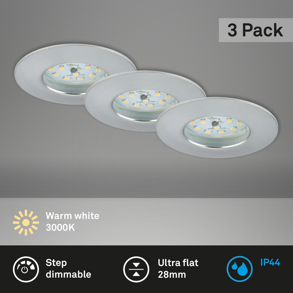 Briloner - Juego de 3 lámparas LED empotrables regulables, 6,5 W cada una, 3.000 Kelvin IP44, color aluminio ø7,5 cm