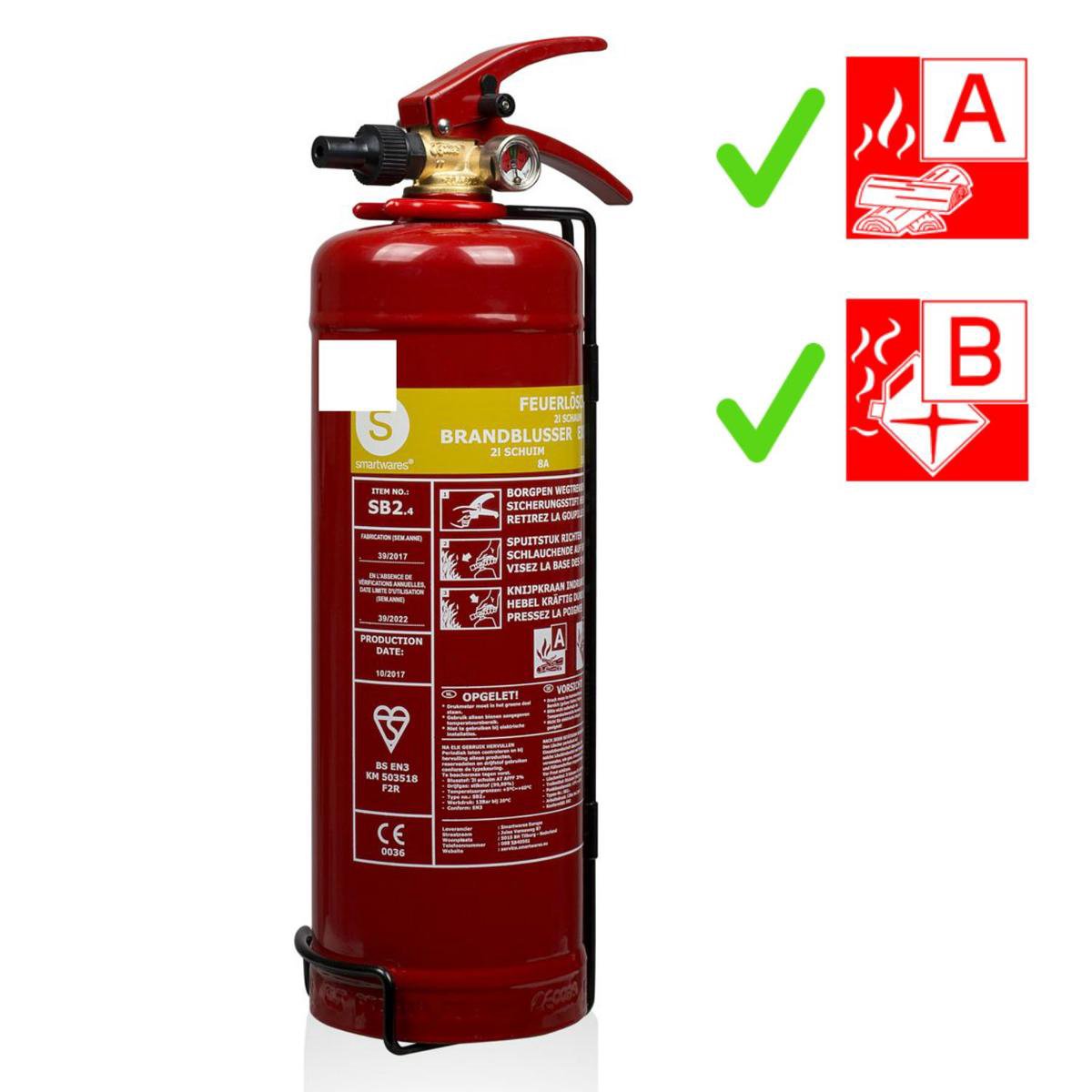 Smartwares 10.014.97 - estintore a schiuma 2l - inclusa staffa di sospensione - classe di fuoco AB - certificato BSI