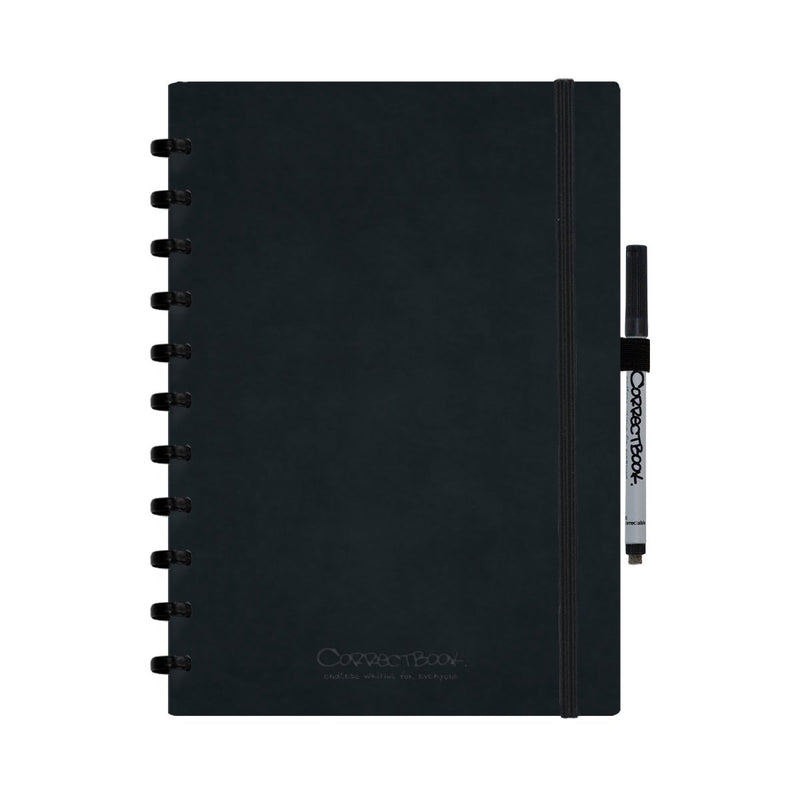 Cuaderno borrable Correctbook A4 - Tapa dura de cuero artificial negro tinta - En blanco - Cuaderno reutilizable - Incluye toallita para bolígrafo - Complementable con páginas adicionales